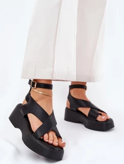 Sandały Damskie Na Platformie I Koturnie Eko Skórzane Czarne Tenzorus