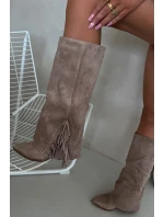 Wsuwane Kozaki Kowbojki Damskie Na Słupku Z Frędzlami Beżowe Zalia