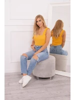 Blúzka bez ramienok s volánikmi v horčicovej farbe