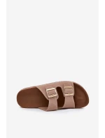 Klapki Damskie Ze Złotymi Klamrami I Przeszyciami Khaki Lunera