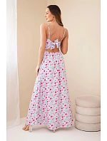 Dámske maxi šaty s kvetinovým vzorom na ramienkach so zaväzovaním na chrbte modré