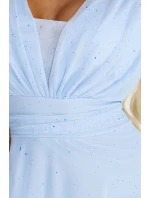 654-3 Dlhé trblietavé plus size šaty s výstrihom a priehľadnými rukávmi - modré