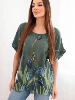 Dámske bavlnené tričko s kvetinovým vzorom tmavej khaki farby