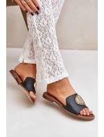 Skórzane Klapki Z Ozdobą Na Płaskim Obcasie Zazoo 3047/O Czarne