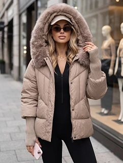 Dámska zimná prešívaná bunda s kožušinou, béžová, FashionStreet TY5740