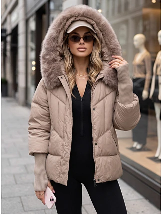 Dámska zimná prešívaná bunda s kožušinou, béžová, FashionStreet TY5740 Dámska zimná prešívaná bunda s kožušinou, béžová, FashionStreet TY5740