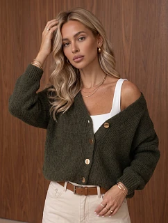 Dámsky voľný kardigán na gombíky v olivovej farbe FashionStreet MY2602