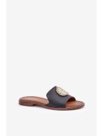 Skórzane Klapki Z Ozdobą Na Płaskim Obcasie Zazoo 3047/O Czarne