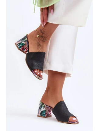 Damskie Skórzane Klapki Na Obcasie Lewski Shoes 3209/K Czarne