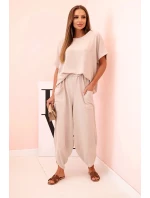 Viskózová blúzka + nohavice tmavobéžová