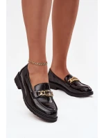 Lakierowane Mokasyny Damskie Ze Złotą Ozdobą S.Barski HY52-539 Czarne