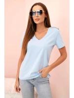 Dámska bavlnená blúzka s véčkovým výstrihom a krátkymi rukávmi modrá Dámska bavlnená blúzka s véčkovým výstrihom a krátkymi rukávmi modrá