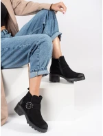 Jedinečné dámske čierne členkové topánky na širokom podpätku