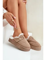 Kapcie Damskie Na Grubej Podeszwie Z Futerkiem I Klamrą Ciemnobeżowe Linneola