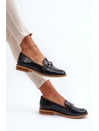 Skórzane Damskie Lakierowane Mokasyny Laura Messi 2760 Granatowe
