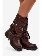 Kozaki Damskie Z Wywiniętą Cholewką Do Połowy Łydki Z Paskiem Czekoladowe Darisa