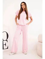 Dámska súprava z mäkkého lesklého materiálu s blúzkou s krátkym rukávom a širokými nohavicami candy pink