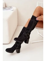 Ocieplane Kozaki Damskie Na Słupku Z Przeszyciami Czarne Alessara