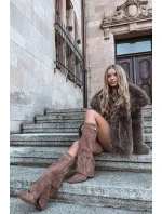 Kozačky Eko semišové podpatek sloupek na zip vyhřívané vytočená lýtka tmavě béžové Evyra