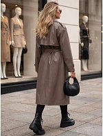 Dlhý dámsky dvojradový kabát s opaskom v farbe taupe, FashionStreet NY0779