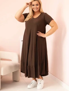 Dámske plus size šaty s krátkymi rukávmi a volánom z ľahkej viskózy v hnedej farbe