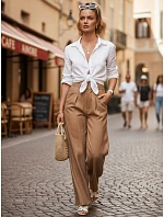 Dámske ľanové nohavice so širokými nohavicami ťavej farby FashionStreet UY3077