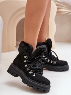 Sznurowane Trapery Damskie Z Futerkiem Czarne Vaminia