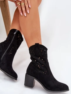 Ażurowe Botki Kowbojki Damskie Na Obcasie S.Barski HY51-125 Czarne