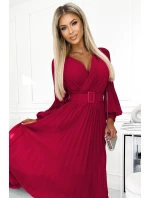414-9 KLARA plisované šaty s opaskom a výstrihom - bordové