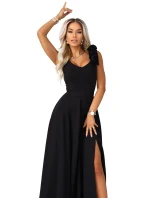 643-2 Elegantné večerné maxi šaty s rozparkom a ružami - klasické čierne 643-2 Elegantné večerné maxi šaty s rozparkom a ružami - klasické čierne