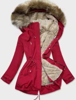 Červená-tmavobéžová dámska zimná bunda s machovou kožušinovou podšívkou (w553)