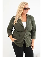 Dámske sako Plus Size z manšestru s klopami a vreckami v khaki farbe Dámske sako Plus Size z manšestru s klopami a vreckami v khaki farbe