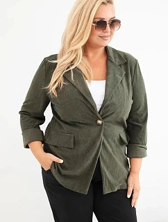 Dámske sako Plus Size z manšestru s klopami a vreckami v khaki farbe