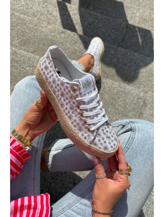 Wzorzyste Trampki Damskie Na Platformie Z Plecionką Lee Cooper LCW-25-08-3648L Biało-Złote