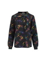 Dámska tmavo modrá blúzka s viazaním v prednej časti a so vzorom farebných vážok model 6356825 Dámska tmavo modrá blúzka s viazaním v prednej časti a so vzorom farebných vážok model 6356825