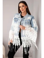 Dámska džínsová bunda z bavlny s čipkou a strapcami z jasného denimu