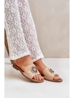 Skórzane Klapki Z Ozdobą Na Płaskim Obcasie Lewski 3047/O Beżowe