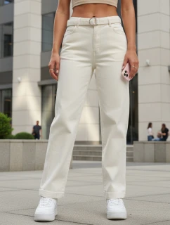 Dámske džínsy regular fit s vysokým pásom a opaskom krémové FashionStreet UY2914
