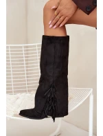 Wsuwane Kozaki Kowbojki Damskie Na Słupku Z Frędzlami Czarne Zalia