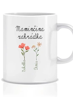 Personalizovaný klasický biely keramický hrnček s objemom 300 ml s motívom maminho záhradky
