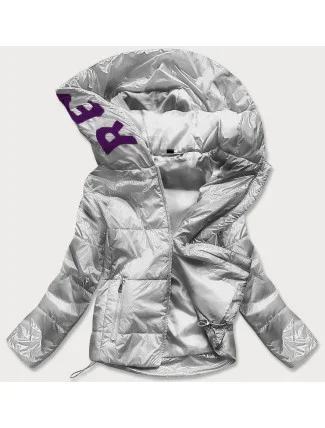 Strieborná lesklá prešívaná dámska bunda s kapucňou (B9568)