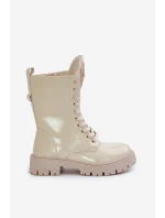 Lakierowane Ocieplane Botki Workery Z Ozdobą Beżowe Kelilea