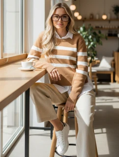 Dámsky pruhovaný sveter ASTRIDA camel FashionStreet MY2226