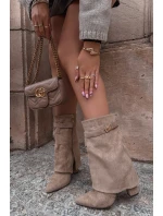 Ocieplane Botki Damskie Na Słupku Z Ozdobnym Paskiem Khaki Luvielle