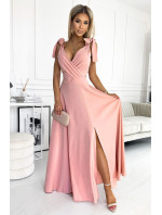405-3 ELENA Długa suknia z dekoltem i wiązaniami na ramionach - BRUDNY RÓŻ