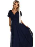 562-1 NASTIA Dlhé šaty s výstrihom a krátkymi rukávmi - ZELENÉ