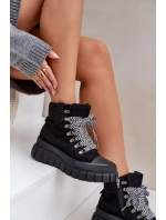 Damskie Ocieplane Botki Trapery Na Platformie Czarne Alcyhen
