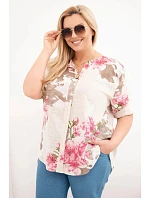 Dámske bavlnené Plus veľkosť V-neck blúzka s kvetinovým vzorom béžová Dámske bavlnené Plus veľkosť V-neck blúzka s kvetinovým vzorom béžová
