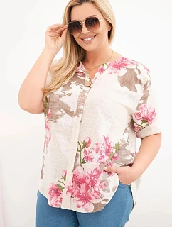 Dámske bavlnené Plus veľkosť V-neck blúzka s kvetinovým vzorom béžová