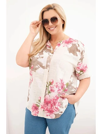 Dámske bavlnené Plus veľkosť V-neck blúzka s kvetinovým vzorom béžová Dámske bavlnené Plus veľkosť V-neck blúzka s kvetinovým vzorom béžová